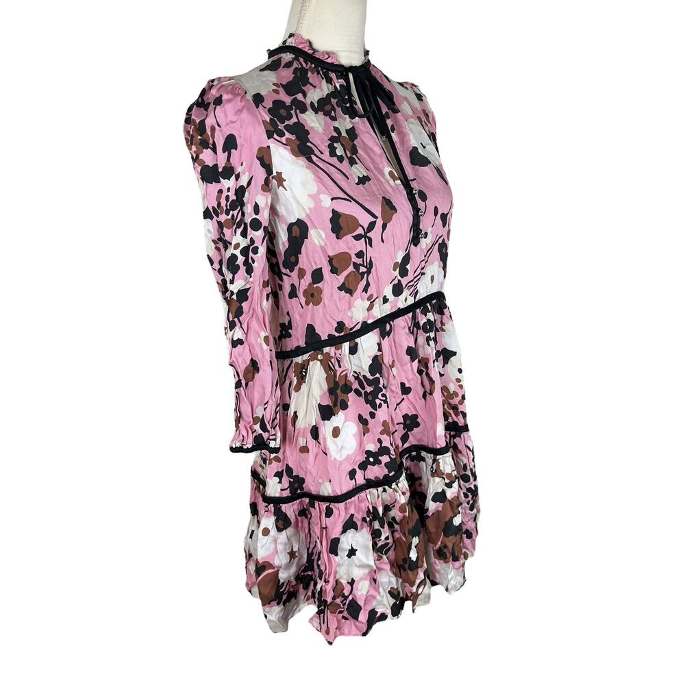 Veronica Beard Hawken Floral Mini Dress Pink Puff Sleeve Tiered Silk Blend Sz 2 - Picture 3 of 7